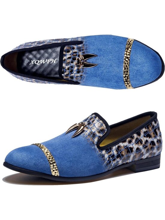 XQWFH Men\'s Blue Velvet Leather Loafer Embroidery Spiked Slip On Fashion Shoes main image 6